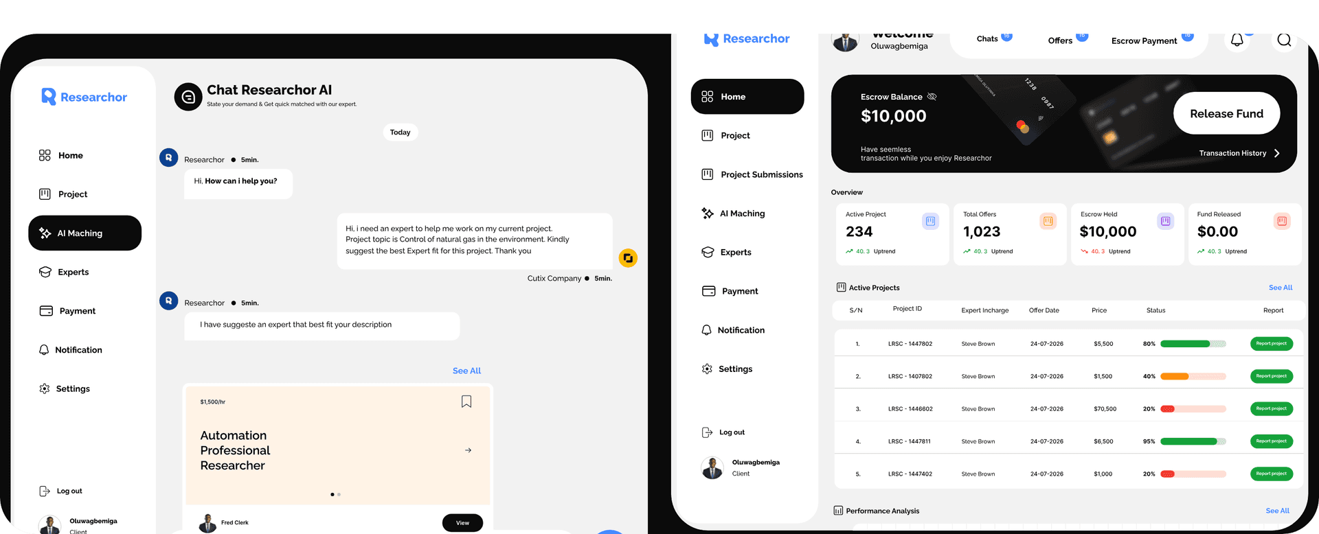 Researchor AI matching chat and client dashboard side by side